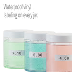 pH buffer solution jars lineup